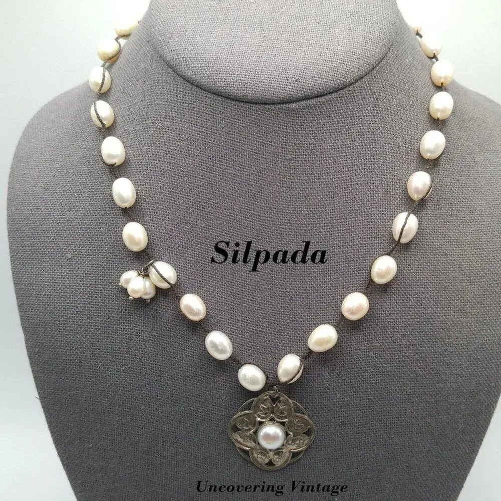 Silpada Pearl Pendant Necklace Sterling Silver Silk Cord Artisan Necklace